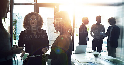 Buy stock photo Boardroom, flare and meeting with group of business people in office for collaboration or planning. Corporate, discussion and teamwork with employee women in workplace for company development