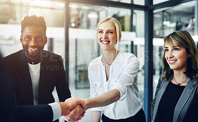 Buy stock photo Handshake, meeting and welcome with business people in boardroom of office for agreement or deal. B2B, partnership and thank you with employee team in workplace for corporate diversity or success