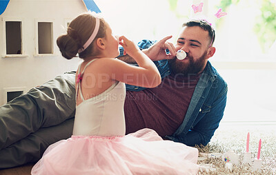 Buy stock photo Father, girl child or tea party in home for bonding, playful growth and development with happiness. Dad, daughter or together for birthday event in bedroom with drink, parent and princess costume