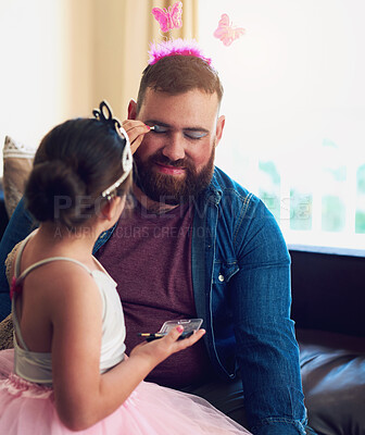 Buy stock photo Father, girl and play with makeup in home, daughter and face cosmetics for fun bonding together. Costumes, love and childhood growth with parent, comic eyeshadow and family creative in house