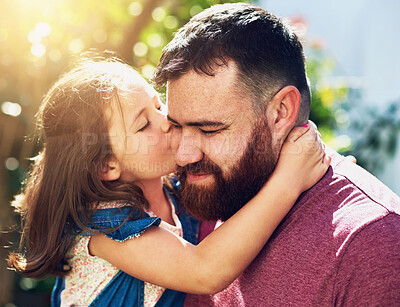 Buy stock photo Father, daughter and kiss with affection, care and love in garden or backyard for bonding as family. Male parent, girl and hug in embrace for together, memory and support for childhood development