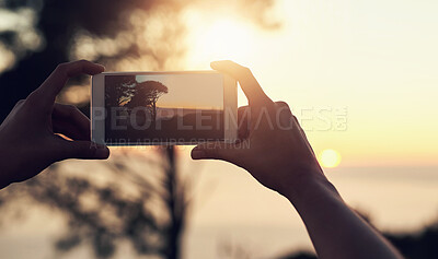 Buy stock photo Person, hands and phone for picture in nature at sunset, vacation with memory of horizon. Mobile photographer, ui screen and summer scene with tree at dusk, beach holiday with creativity in Mauritius