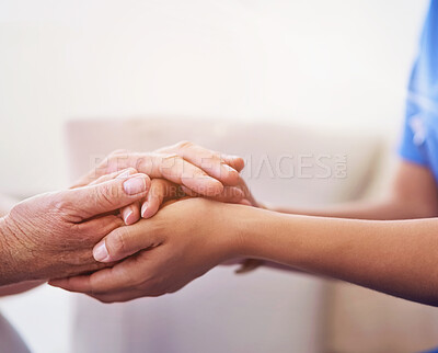 Buy stock photo Nurse, holding hands and senior support in house, patient and trust for hope and compassion with medical employee. Caregiver, nursing home and volunteer or consultation, gratitude and people together