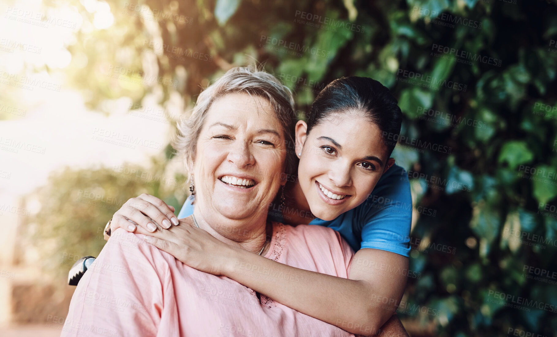 Buy stock photo Healthcare, happy and senior woman hugging nurse in portrait at retirement home for assisted living. Mature, female person and smile with embrace for caregiver in garden for rehab, support and care