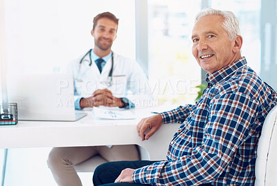 Buy stock photo Healthcare, hospital or medical with doctor and old man in office for consulting appointment. Checkup, smile or trust with senior patient and medicine professional in clinic for professional medicare