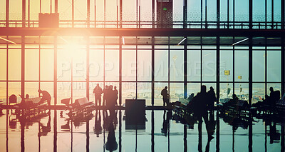 Buy stock photo Airport, flare and lobby with travel people in departure lounge for flight, journey or trip. Building, glass or window with silhouette of passenger group in waiting room for international tourism