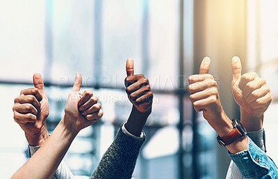 Buy stock photo Hands, success and thumbs up with business people closeup in glass office for promotion, solidarity or unity. Agreement, like and yes with winner employee group at work for bonus, deal or success