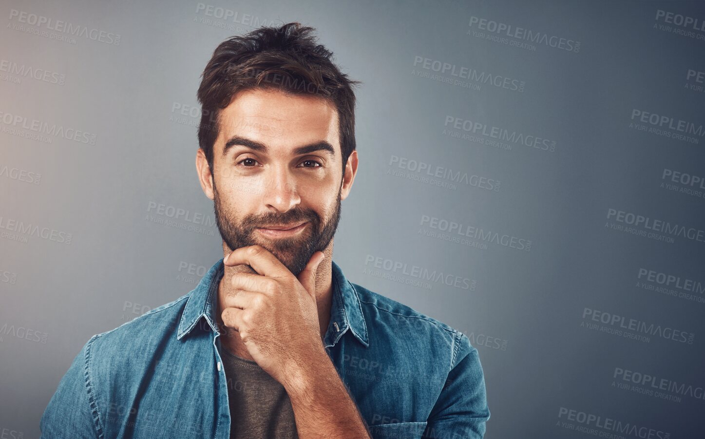 Buy stock photo Portrait, thinking and man with ideas, decision and problem solving on grey studio background. Face, person and model with questions, mockup space and opportunity with options, choice and inspiration