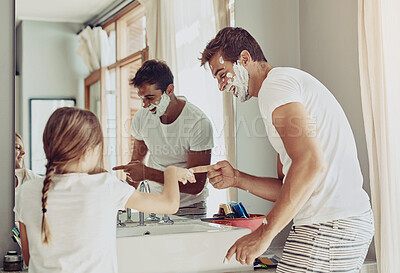 Buy stock photo Father, family and child in bathroom playing with foam, cream and facial cleaning product at home. Excited dad, man or parent with kid for grooming beard, shaving and helping or learning in mirror