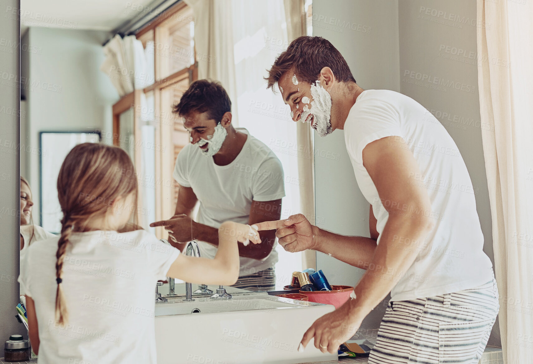 Buy stock photo Father, family and child in bathroom playing with foam, cream and facial cleaning product at home. Excited dad, man or parent with kid for grooming beard, shaving and helping or learning in mirror