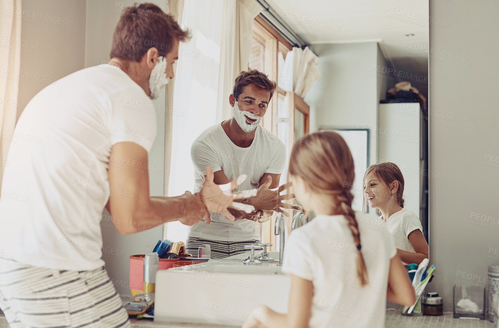 Buy stock photo Happy, child and dad with shaving in bathroom for cleaning, hygiene or morning routine by mirror. Playful, family and man with girl at home for skincare support, development or bonding on fathers day