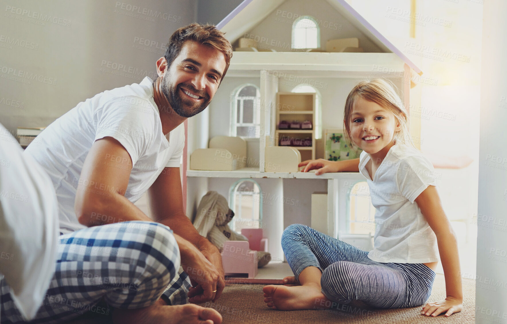 Buy stock photo Home, parent and child in portrait with doll house for playing, bonding and childhood development with activity. Apartment, happy girl and father for support, care and love with memories for kid