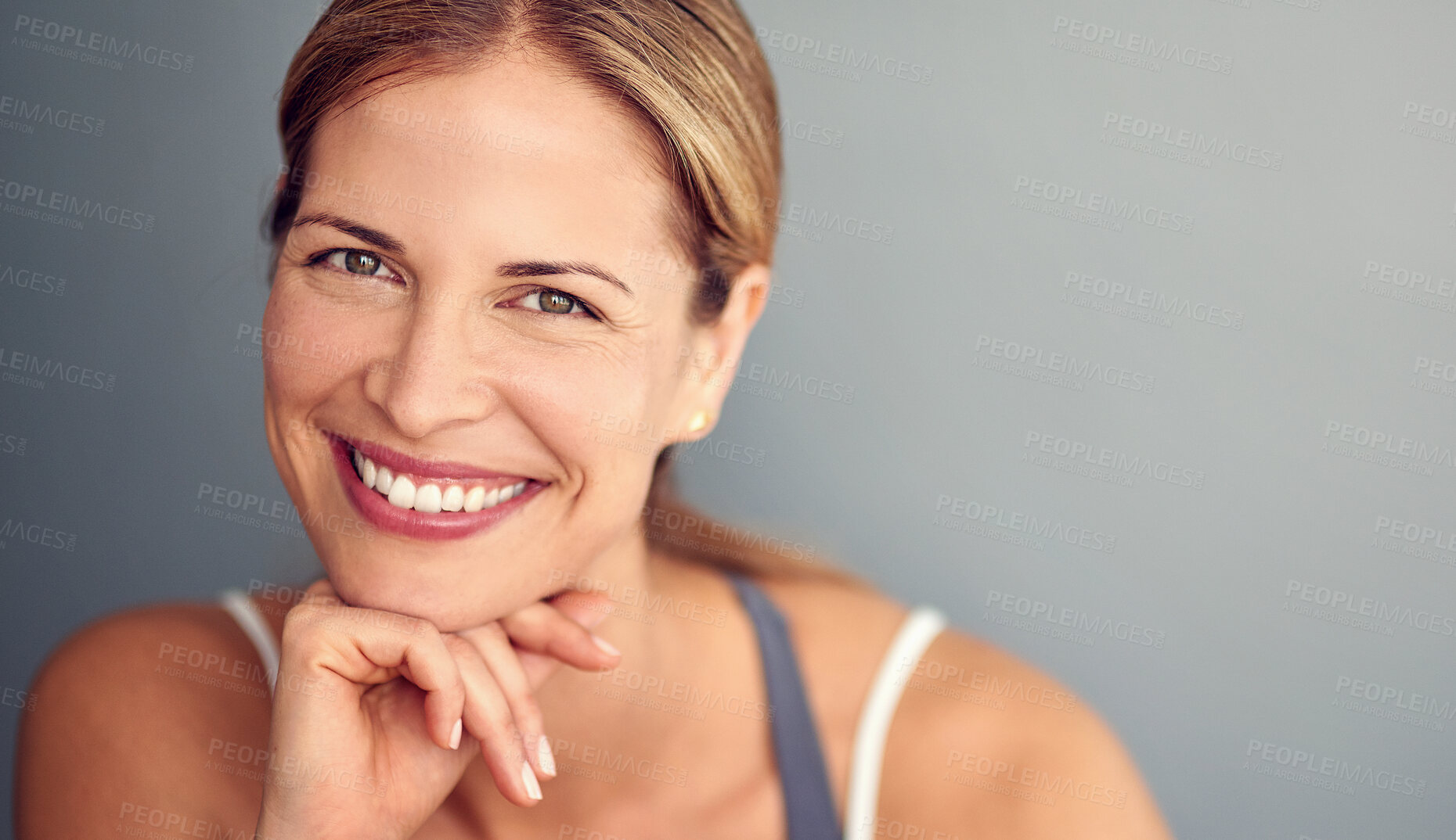 Buy stock photo Portrait, smile and woman with fitness, wellness and healthy person on grey studio background. Face, model and athlete with balance, mockup space and exercise with training, progress and challenge