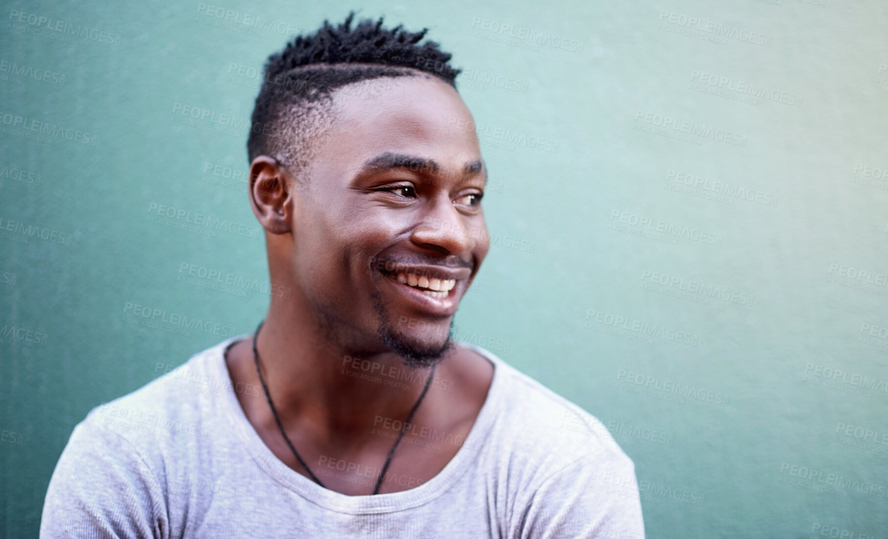 Buy stock photo Smile, black man and wall for laugh and relax, happiness and calm on weekend for break. University, student and college for studying person, casual and clothing or outfit on mockup blue background