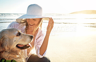 Buy stock photo Woman, dog and beach with friendship, bonding and happy for wellness, travel and journey on island. Female person, cheerful and pet care on vacation, holiday in outdoor on coast, tropical for summer
