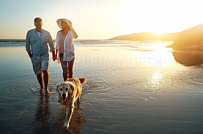 Buy stock photo Beach, water and couple with dog at sunset for outdoor adventure, travel and vacation together. Man, woman and holding hands with furry pet by ocean for love, support and summer holiday in Cancun