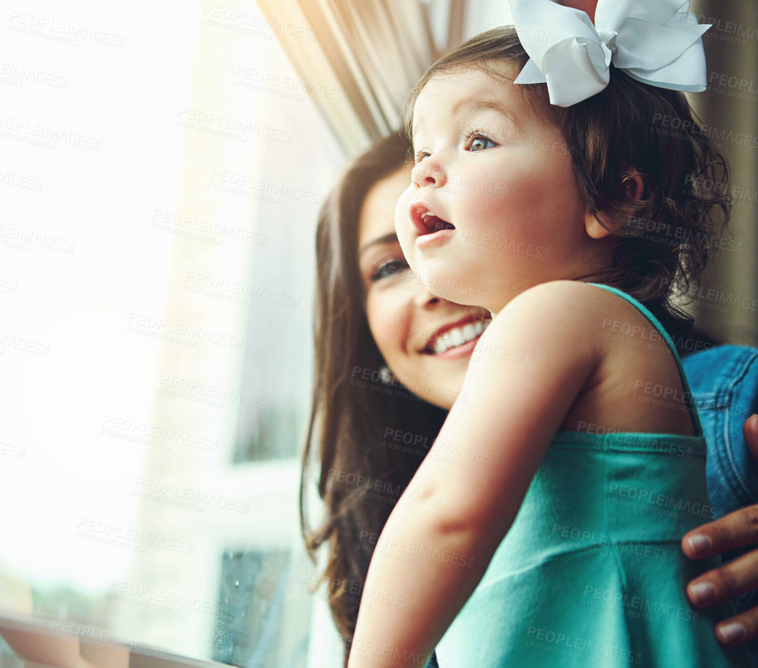 Buy stock photo Mother, child and happy family by window for bonding, playing and visual learning at home. Wow, amazing and surprised daughter, girl or kid with mom or woman for light, summer and excited with smile