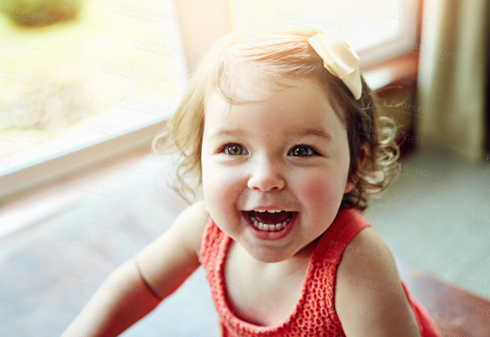 Buy stock photo Smile, girl and portrait of toddler in home for  cheerful, fun and child development by floor. Playful, baby and face with happiness in house for childhood innocence, joy and positivity on weekend