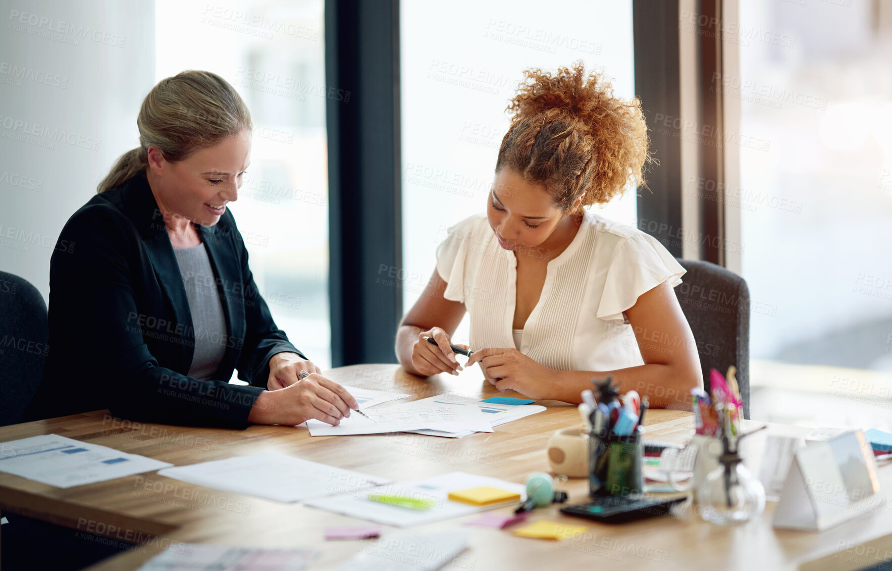 Buy stock photo Documents, meeting and business women in office for discussion, legal consulting and agreement. Corporate lawyer, law agency and woman with client and paperwork for contract, collaboration and report