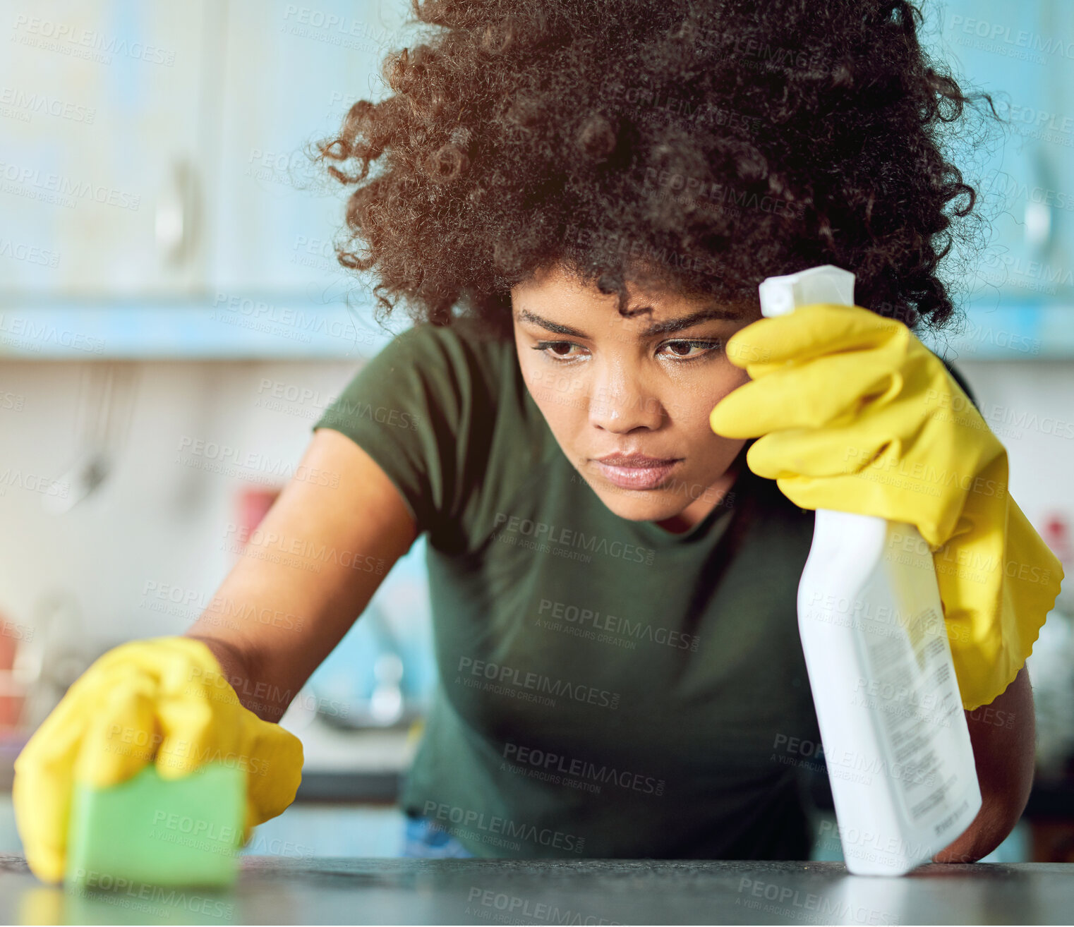 Buy stock photo Table, spray and woman with cleaning in kitchen for hygiene, housekeeping or maintenance at home. Bottle, person and detergent with gloves in house for sanitation, health or removal of bacteria