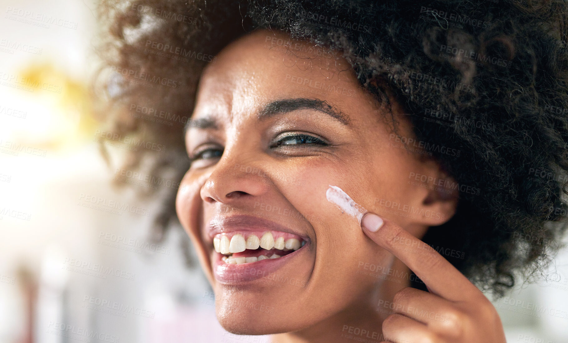 Buy stock photo Portrait, black woman and face cream on cheek for makeup, cosmetics and wellness or beauty. Female person, smile and  apply health product for skincare, sunscreen and glow or dermatology treatment