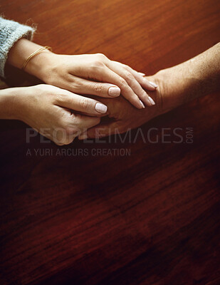 Buy stock photo Support, care and trust with hands of people at table together for hope, empathy and love. Depression, anxiety and pain with couple in home with solidarity for help, from above and mental health