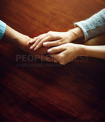 Buy stock photo Support, care and trust with hands of people at wooden table together for hope, empathy and love. Anxiety, depression and pain with couple praying in solidarity for help, from above and mental health