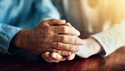 Buy stock photo Love, support and trust with hands of people at wooden table together for comfort, emotion or empathy. Anxiety, depression or mental health with friends praying in solidarity for grief, loss or pain