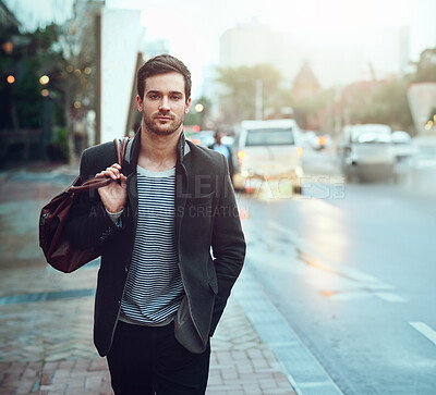 Buy stock photo City, walking and portrait of business man for commute, travelling and journey in urban town. Fashion, professional style and confident person on sidewalk for transport to work, career and job