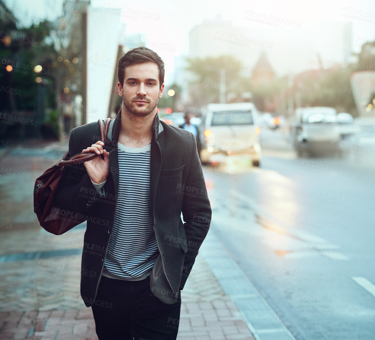 Buy stock photo City, walking and portrait of business man for commute, travelling and journey in urban town. Fashion, professional style and confident person on sidewalk for transport to work, career and job