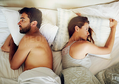 Buy stock photo Frustrated couple, bed and disagreement above with argument, fight or erectile dysfunction at home. Top view of man and woman in toxic relationship, breakup or divorce from affair in bedroom at house