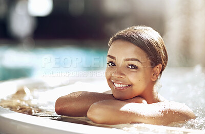 Buy stock photo Woman, spa and relax by hot tub for holiday, portrait and rest for vacation at resort for salon treatment. Zen, face and female person for peace and hotel, Thailand and luxury for wellness and detox
