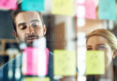 Buy stock photo Thinking, glass and business people with planning in office for calendar, solution and schedule problem solving. Storyboard, agenda and manager teamwork for training, coaching or idea collaboration