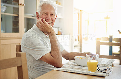 Buy stock photo Senior, man and happy with portrait at breakfast in dining room for nutrition. healthy meal and retirement. Elderly, person and smile in home with porridge, relax and morning routine in apartment