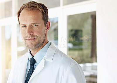 Buy stock photo Doctor, man and portrait with smile outdoor for medical career, confidence in healthcare and trust. Medicine, professional and employee in health with pride, happy and medicare with mockup in clinic