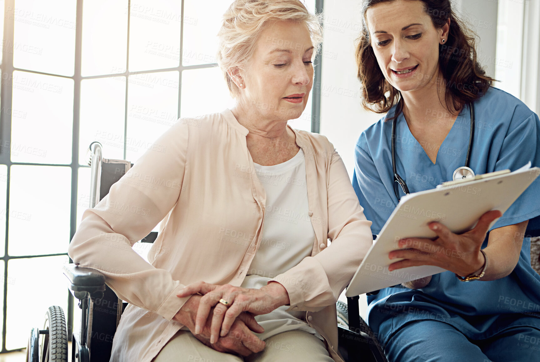 Buy stock photo Nurse, woman and wheelchair with documents for insurance, report or medical review in hospital. Doctor, clipboard and person with disability in clinic for paperwork, consultation or advice for injury