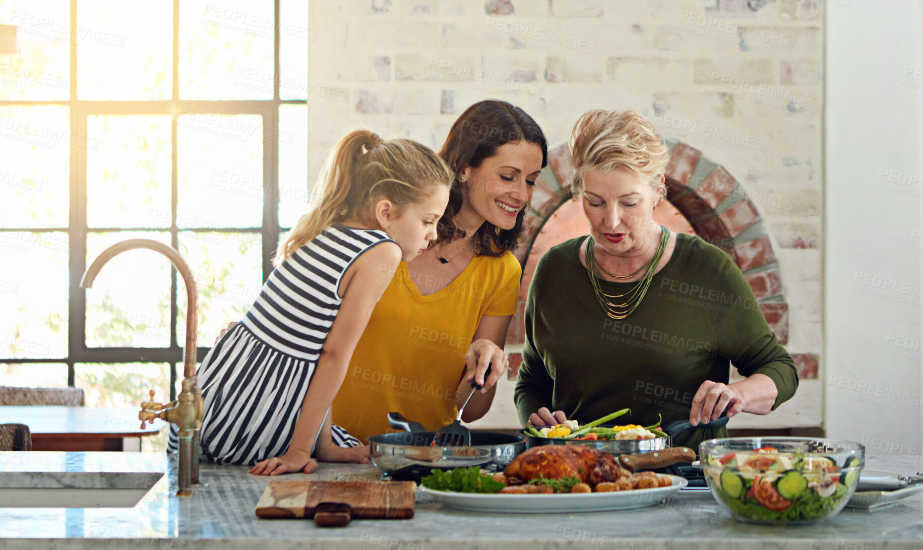 Buy stock photo Cooking, brunch or girl with mother and grandmother in kitchen for learning, care and bonding in their home together. Food, love or woman teaching kid traditional, recipe or healthy meal balance