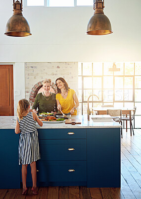Buy stock photo Cooking, care or girl with mother and grandmother in kitchen for learning, love and bonding in their home together. Food, nutrition or grandma teaching kid traditional, recipe or healthy meal balance