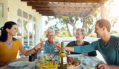 Buy stock photo Food, love and happy family with champagne toast on patio for event, party or birthday celebration. Wine, cheers and group of people in backyard for brunch, bonding or care, support and lunch reunion