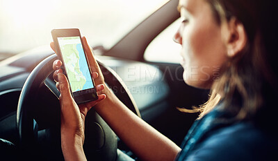 Buy stock photo Phone screen, search and woman with map in car for travel, planning or checking traffic for road trip. Smartphone, location or taxi driver with digital navigation app, direction or chauffeur service