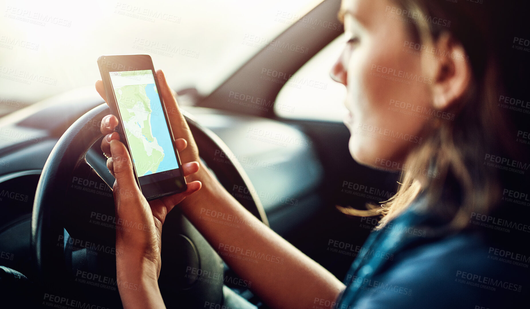 Buy stock photo Phone screen, search and woman with map in car for travel, planning or checking traffic for road trip. Smartphone, location or taxi driver with digital navigation app, direction or chauffeur service