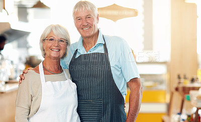 Buy stock photo Senior, couple and portrait in cafe business with smile, embrace and ready for hospitality service. People, barista and coffee shop owner or support in bakery with hug, confidence and store manager