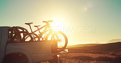 Buy stock photo Sports, morning and bicycle on car in nature for training, workout and exercise in countryside. Fitness, cycling and mountain bike in truck for outdoor adventure, travel journey and transportation