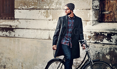 Buy stock photo Bike, city and man thinking on morning commute to creative job on urban sidewalk with carbon neutral transport. Bicycle, sustainable and eco travel on road with employee and ride to work in New York