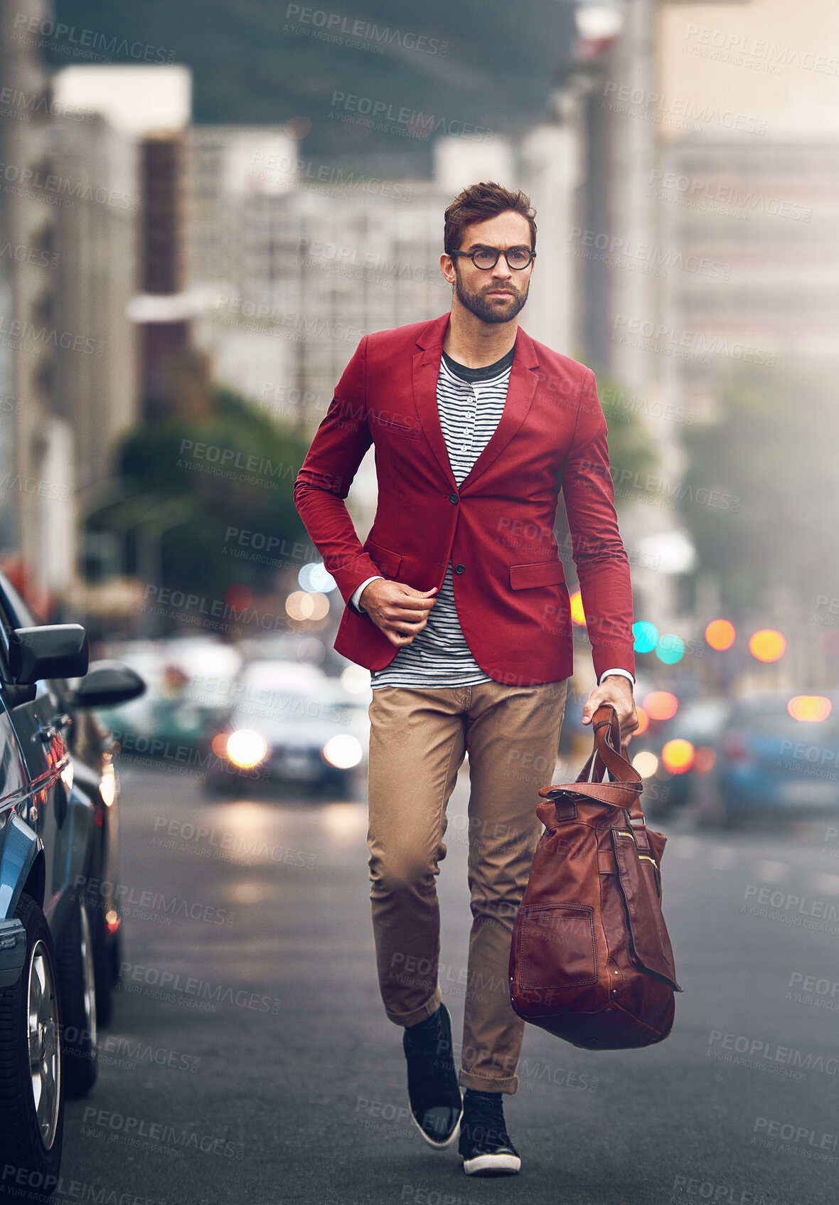 Buy stock photo Stylish businessman, walking and city with bag for fashion or work gear, smart casual with glasses. Male accountant, urban and luggage with funky clothes for commute, cool and wellness in New York