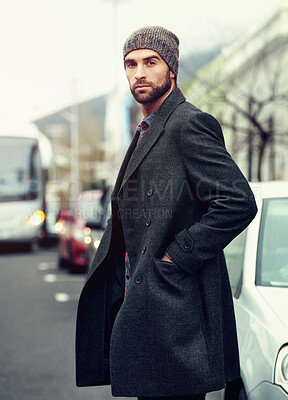 Buy stock photo Man, winter and fashion thinking in city or outside, trendy and walking in urban downtown with confidence. Serious, casual clothes and beanie with coat in Germany, stylish outfit and cool male person