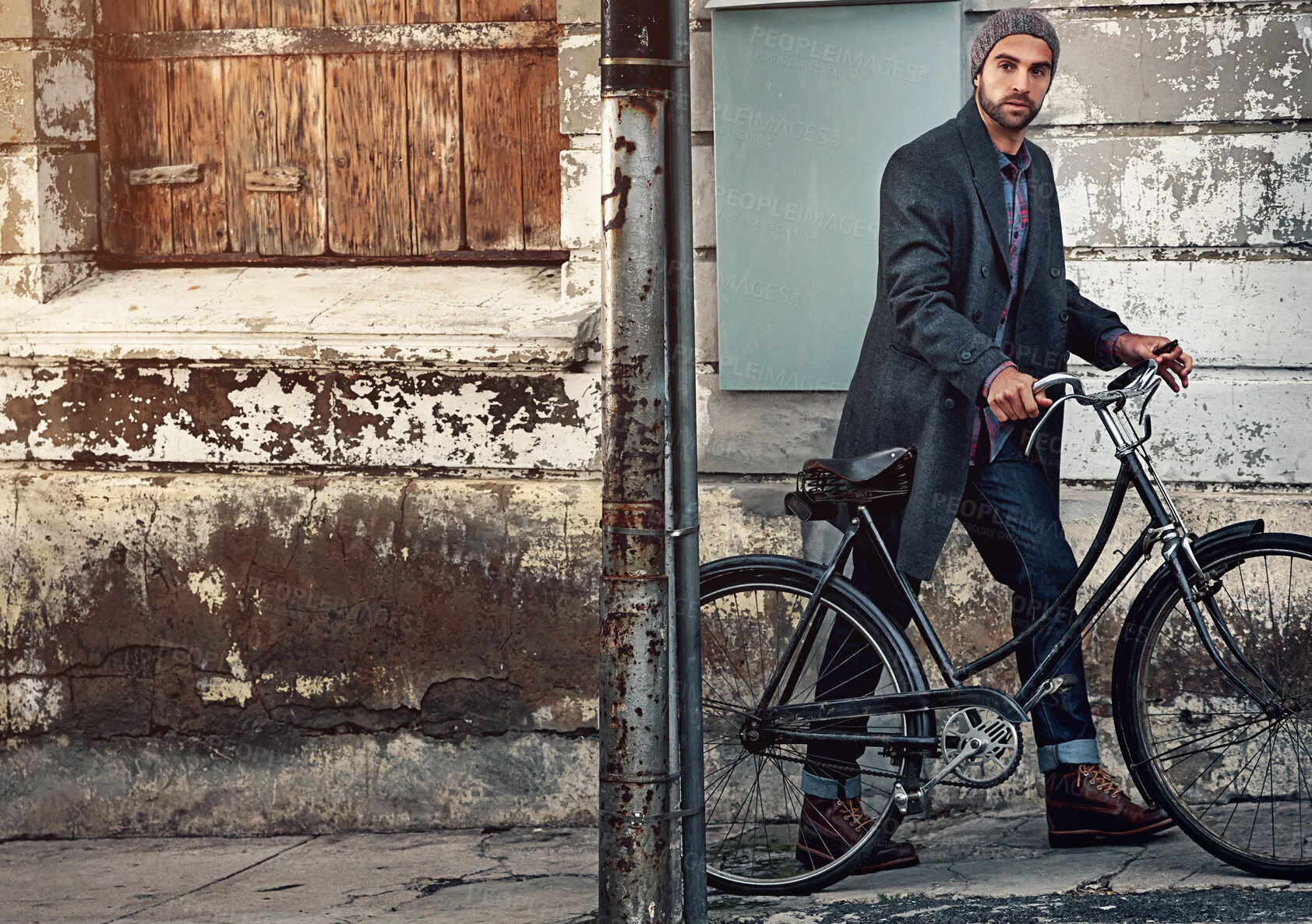 Buy stock photo Bike, city and man portrait with morning commute to job on urban sidewalk with carbon neutral transport. Bicycle, sustainable and eco travel on road with employee and ride to work in New York