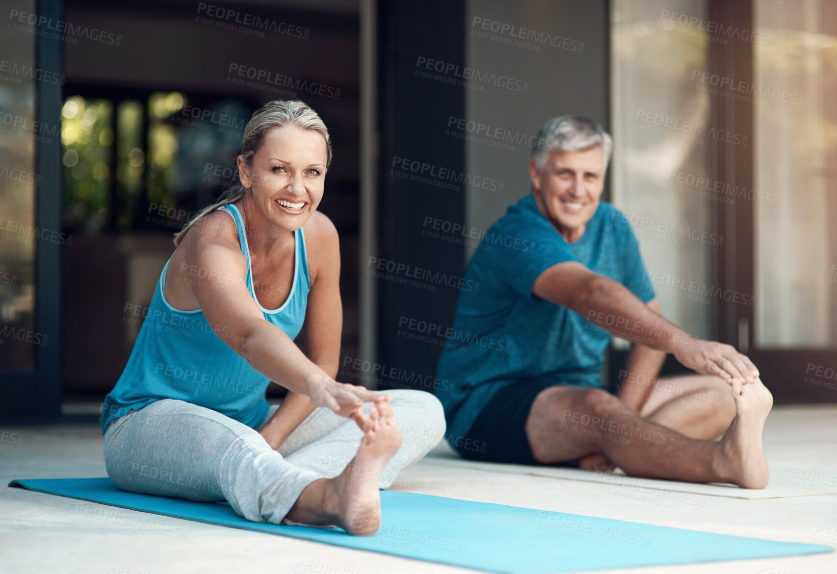 Buy stock photo Happy, stretching and mat for mature couple, fitness and peace for wellness, calm and healthy. Balance, yogi and pilates for spiritual, healing and outdoor for stress relief, floor and body of people