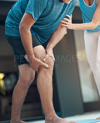 Buy stock photo Man, knee and pain from injury at house for fitness exercise, massage joint problem or osteoporosis of medical help. People, leg and anatomy risk from yoga training for rehabilitation, care or ache