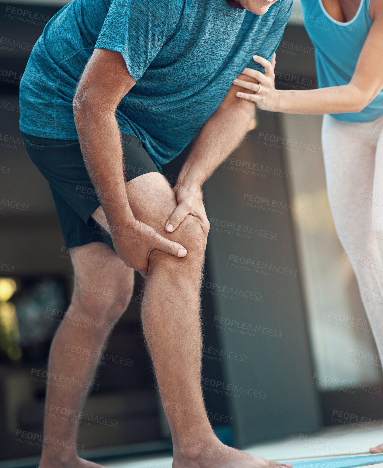 Buy stock photo Man, knee and pain from injury at house for fitness exercise, massage joint problem or osteoporosis of medical help. People, leg and anatomy risk from yoga training for rehabilitation, care or ache